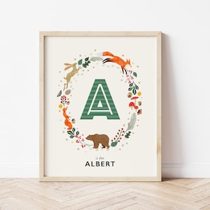 Stampa personalizzata con nome per cameretta dei bambini a tema bosco, regalo personalizzato per baby shower o cameretta dei bambini a tema natura, decorazione per cameretta dei bambini a tema foresta, decorazione da parete per cameretta dei bambini