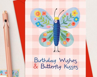 Butterfly Birthday Card for Girl, Wishes & Kisses, Pink Gingham Design