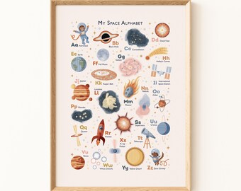 Space Explorers Alphabet Print, Solar System Letters, Personalised Nursery Wall Art, Kids Space Decor