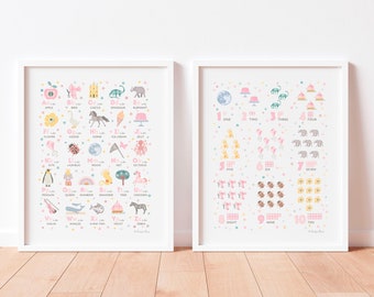 Pink Alphabet and Numbers Prints: Girls Nursery Decor (Digital Download)