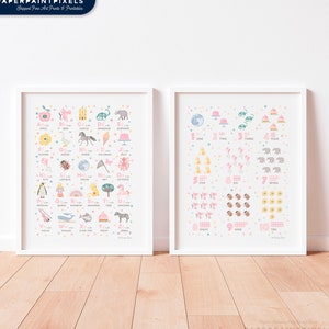 Girls Alphabet and Numbers Set of 2 Prints, Pink Toddler Room Decor, Nursery Wall Art, Educational Alphabet Poster, Girls Digital Download