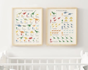 Dinosaurs Print Set,  Dinosaur ABC and Numbers Nursery Art Set, A Great Gift for Dinosaur Lovers, Can Be Personalised