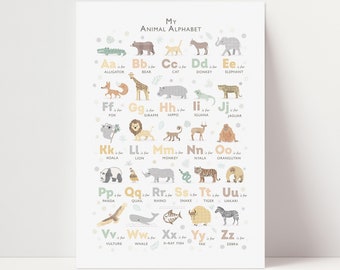 Safari Animals ABC Poster, Educational Nursery Wall Art in Neutral Tones, Ideal for Baby Shower or First Birthday, Jungle Theme Toddler Room