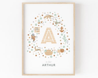 Personalised Name Print, Letter A Initial Print, Boy Nursery Decor, Baby Boy Gift, Boho Style Shelf Decor, Alphabet Nursery Name Sign