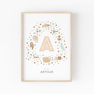Impresión de nombre personalizada, impresión inicial de la letra A, decoración de guardería para niño, regalo para bebé niño, decoración de estantes de estilo boho, letrero con nombre de guardería con alfabeto