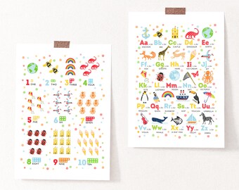 May include: Two colorful educational posters for children. The first poster features the alphabet with illustrations for each letter. The second poster features numbers 1-10 with illustrations for each number.
