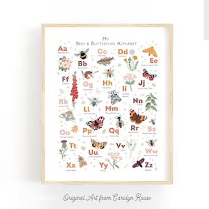 Nature-inspired ABC Alphabet Print for Baby Girl&#39;s Nursery | Bees, Butterflies, and Flowers | Sage Green Blush Pink