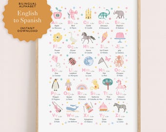 Pink English-Spanish Alphabet Poster,  Educational Nursery Art , Bilingual Digital Download
