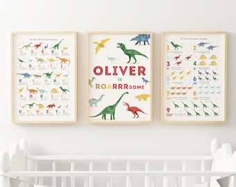 Personalised Dinosaur Print Set, Dinosaur Nursery Art, Perfect Gift for Dinosaur Lovers