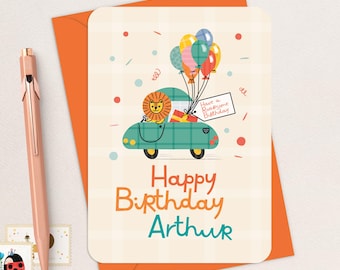 Personalised Lion Birthday Card , Funny Animals Driving Design
