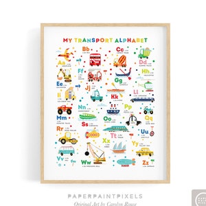 Transport Alphabet Poster, ABC Print, Vehicle Nursery Decor for Boys, Can Be Personalised.