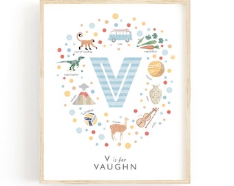 Personalised Letter V Nursery Print, Baby Boy Nursery Wall Art, Great Baby Shower Gift Idea