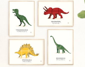 Dinosaur Print Set, Dinosaur Decor, Dinosaur Nursery Art, T Rex Print, Boys Room Decor, Girls Decor, Boys Nursery, Set of Four Prints