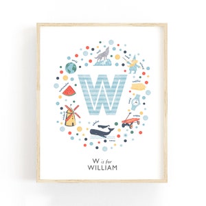 Impresión personalizada con la letra W para guardería, arte de pared para guardería de bebé niño, gran idea de regalo para baby shower