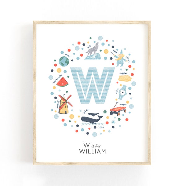 Personalised Letter W Nursery Print, Baby Boy Nursery Wall Art, Great Baby Shower Gift Idea