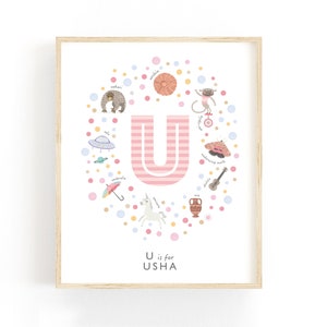 Letra U Nome personalizado para berçário, ideia de presente para bebê, decoração para berçário de meninas