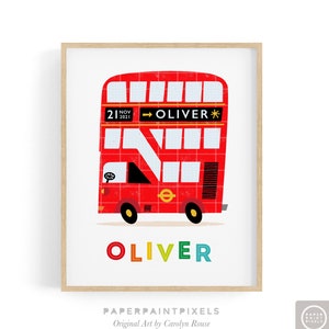 Personalised Nursery Bus Print, Red London Bus Wall Art, Transport Nursery Decor-Just add your name and date!