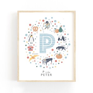 Impresión inicial personalizada con la letra P azul, arte de pared con nombre personalizado para bebé niño, 4 colores disponibles