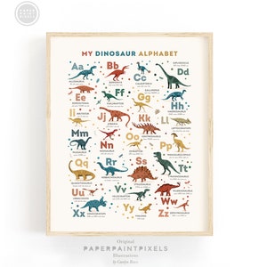 Dinosaur Alphabet Art Print, Personalized Gift for Kids, Dinosaur Theme Nursery Wall Art