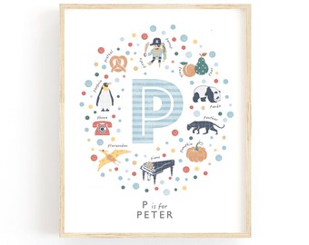 Personalised Blue Letter P Initial Print, Custom Nursery Name Wall Art for Baby Boy, 4 Colours Available