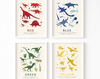 Colours Dinosaur Print Set, Dinosaur Nursery Prints for Girls or Boys Bedroom, Dino Theme Nursery Wall Art, Colours Prints, Dinosaur Gift