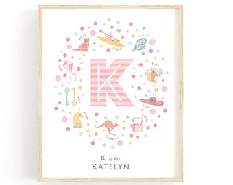 Personalised Pink Letter K Initial Print, Custom Nursery Name Wall Art for Girls, 4 Colours Available