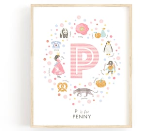 Personalised Pink Letter P Initial Print, Custom Nursery Name Wall Art for Baby Girl, 4 Colours Available