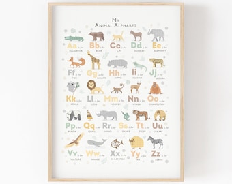 Safari Animal Alphabet print, Neutral Nursery decor, Nursery wall art, Perfect First Birthday Gift, Ideal for a Jungle Nursery Baby Shower