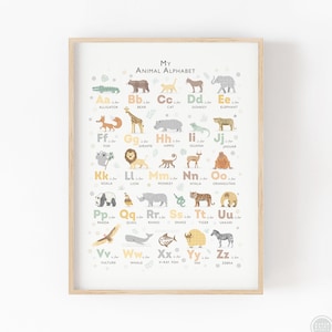 Impresión del alfabeto de animales de safari, decoración de guardería neutra, arte de pared de guardería, regalo perfecto para el primer cumpleaños, ideal para un baby shower de guardería en la jungla