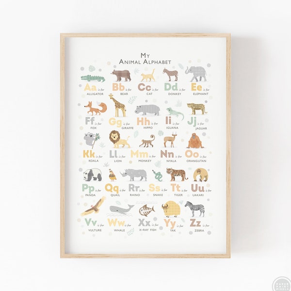 Safari Animal Alphabet print, Neutral Nursery decor, Nursery wall art, Perfect First Birthday Gift, Ideal for a Jungle Nursery Baby Shower
