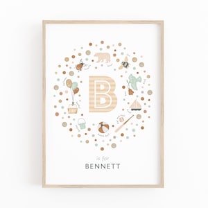 Impresión inicial personalizada para guardería de bebé niño, impresión de nombre bohemio con la letra B, decoración de habitación de niños, regalo perfecto para bebé recién nacido, guardería de género neutro
