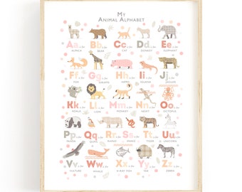 Personalized Animal Alphabet Print: Peach Nursery Wall Art