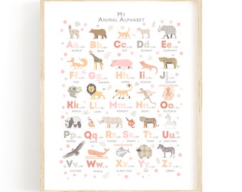 Personalised Animal Alphabet Print, Safari Animal ABC Nursery Wall Art, Boho Nursery decor, Perfect Toddler Birthday Gift for Girls, Peach