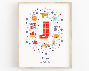 Illustrated Letter J Art Print, Unique Baby Gift for Boys, Boys Nursery Wall Art, Personalised Boys Room Poster, Christening Gift, Polka Dot