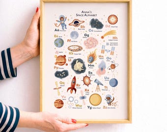 Modern Space Alphabet Print, Solar System ABC Poster, Hand-Illustrated Astronaut Decor, Personalisation Available