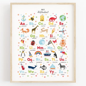 Póster con letras brillantes, impresión del alfabeto, decoración de guardería neutra en cuanto al género, arte de pared para niños, regalo para bebé recién nacido, se puede personalizar