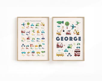 Transport Alphabet Poster and Custom Name Poster, Toddler Boy Wall Art