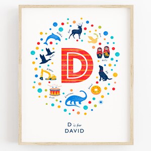 Impresión de monograma para bebé, letra D ilustrada, impresión con nombre de niño, arte de pared personalizado para niño, impresión para bebé niño, arte de pared con letras, lunares