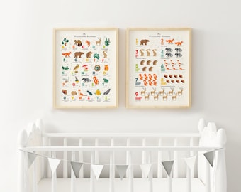 Woodland Nursery Art Print Set: Forest ABC and Numbers, Personalized