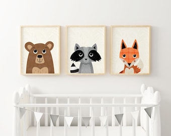 Woodland Animals Prints, Bear Fox Raccoon Trio, Nursery Wall Decor Set of 3
