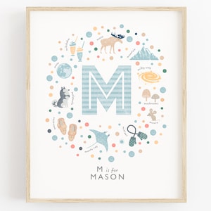 Initial Letter M, Personalised Nursery Print, Baby Boy Wall Art, Custom Boys Name Sign, Boys Nursery Decor image 1