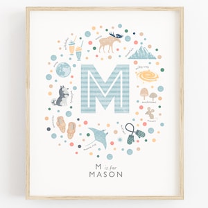 Lettre initiale M, impression personnalisée pour chambre de bébé, art mural bébé garçon, prénom personnalisé pour garçon, décoration de chambre de garçon