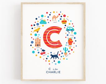 Letter C Wall Art for Kids, Red Playroom Decor, Personalised Car Print