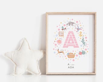 Personalised Name Sign for Baby Girls Nursery, Pink Initial Letter Print.