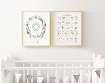 Personalized Safari Animal Nursery Prints: Alphabet & Name Sign, Set of 2