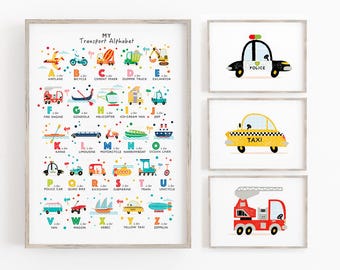 Transport Alphabet Druckset: Fahrzeug Galerie Wandkunst (personalisiert)