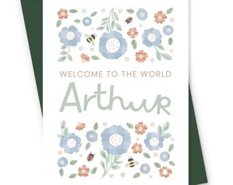 Personalized New Baby Boy Card: Blue Floral Welcome Keepsake