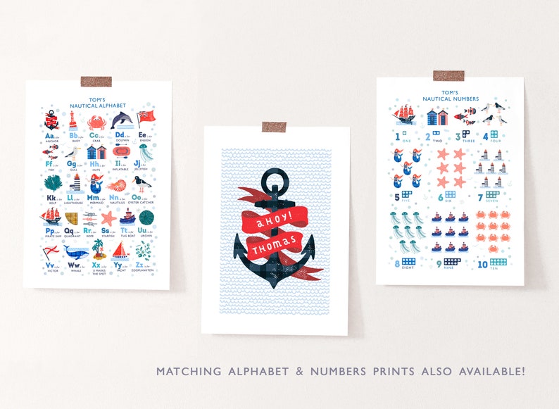 Personalised Nautical Nursery Print, Ahoy Sailor Wall Art, Anchor Decor, Navy and Red Print imagem 5