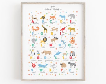 Tier Alphabet Druck, Kinderzimmer Dekor, Tier Alphabet Poster, Alphabet Wandkunst, Kinder Alphabet Poster, Tiere ABC Wandkunst, personalisiert