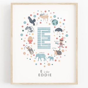 Letra inicial E, arte de pared para bebé niño, arte de guardería personalizado, letrero con nombre de niño personalizado, decoración de guardería para bebé niño, idea única de regalo para baby shower